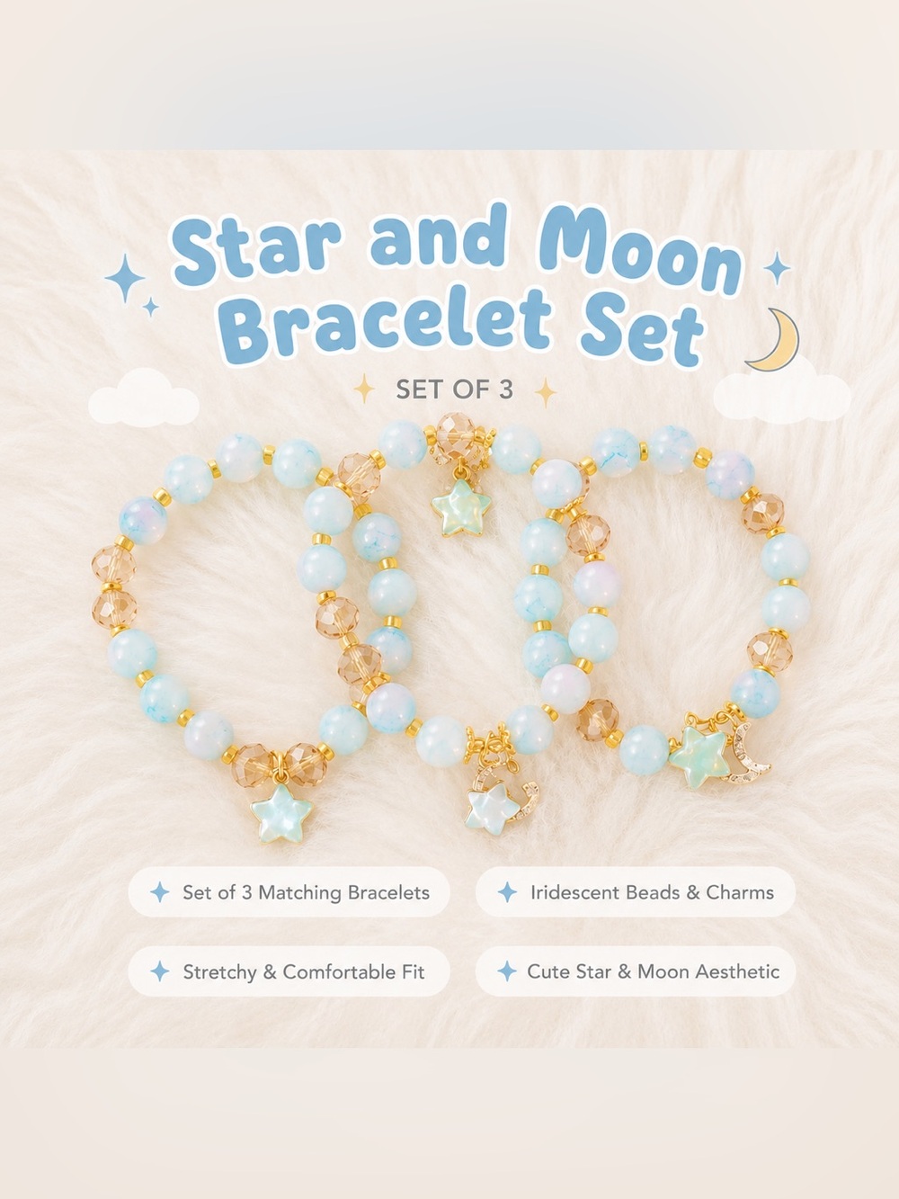 Star and Moon Kids Bracelet Set - Blue Iridescent (Set of 3)